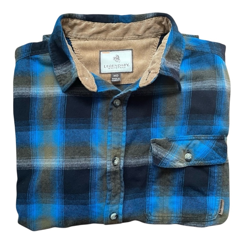 Legendary Whitetails Buck Camp Blue Brown Plaid Corduroy Collar Flannel Shirt-MD